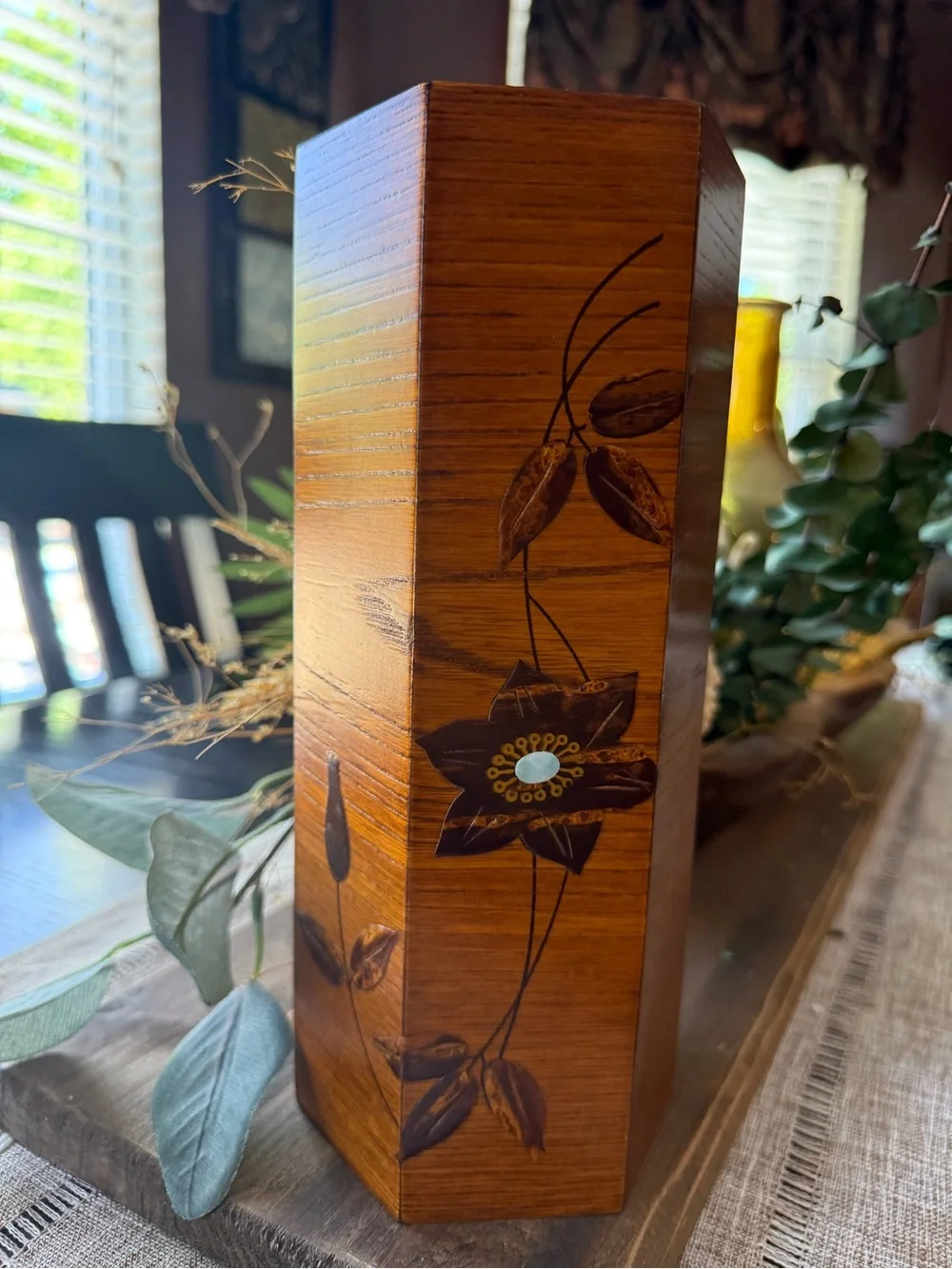 Japanese Wooden Brushed Lacquer Flower Vase Kabin Vtg Ikebana Raden Brown
